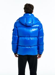 Luxury Nylon Puffer Outerwear, Luxury Duck Down Puffer Outerwear, Hooded Nylon Puffer Quilted Jacket, Quilted Nylon Long-sleeved Parka, Winter Nylon Puffer Hooded Jacket, Nylon Long Sleeve Puffer Jacket, Quilted Nylon Parka With Long Sleeves, Blue Hooded Duck Down Puffer Jacket, Blue Duck Down Puffer Jacket For Fall