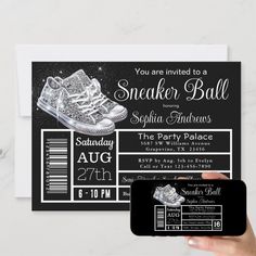 a person holding up a phone next to a black and white ticket card with the words sneaker ball on it