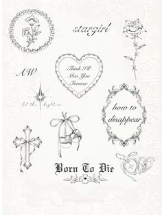 a bunch of different tattoos on a white paper with words and symbols in the middle