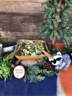 there is a stuffed raccoon sitting in front of a table with food on it