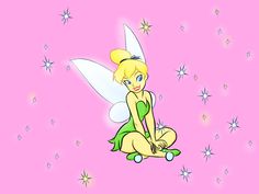 a cartoon tinkerbell sitting on the ground with stars in the sky behind her