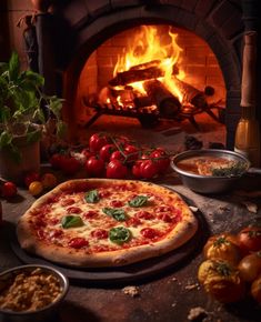 a pizza sitting on top of a table next to bowls of food and a fire