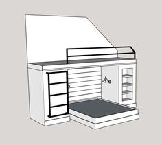 a drawing of a white building with a shelf below it and shelves below the roof