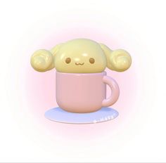 a cartoon character is sitting in a coffee cup with its ears up and eyes closed