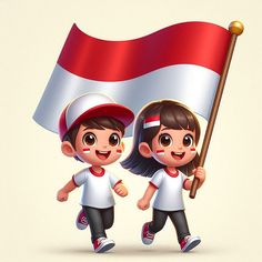 two children holding a flag and walking together