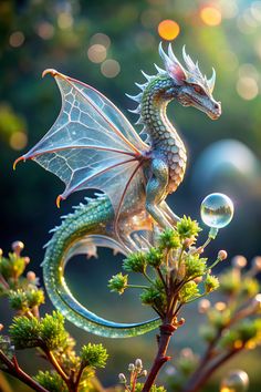 a statue of a dragon sitting on top of a tree branch with bubbles in its mouth