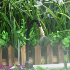 a watering hose spewing water into a garden