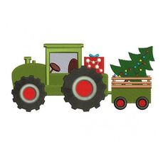 a green tractor with a christmas tree on it's back is shown in front of a white background