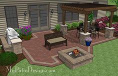 an outdoor patio with seating and fire pit