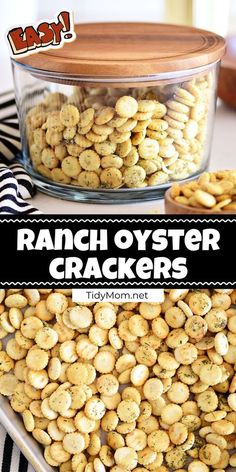 ranch oyster crackers in a glass bowl on top of a table with black and white stripes