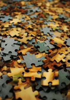 a large group of puzzle pieces sitting on top of a table