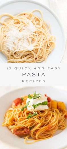 two different types of pasta on white plates