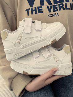 Beige  Collar     Embellished   Women Shoes Casual Athletic Shoes, Velcro Sneakers, Buckle Ankle Boots, Casual Sneakers Women, Aesthetic Shoes, Womens Athletic Shoes, Casual Sport Shoes, Bag Dress, Aesthetic Videos