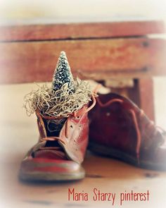 two pairs of shoes with a tiny christmas tree in the middle