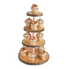 three tiered cupcake stand with several cupcakes on it