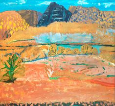 an abstract painting of mountains and trees in the desert with blue sky behind them,