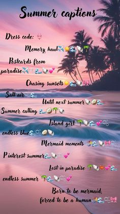 a beach scene with palm trees and the words summer captions written in different languages