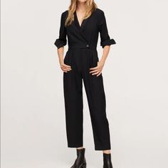 Black, Never Worn, With Tags, Professional Black Romper Suit Chic V-neck Business Casual Pantsuit, Chic Black Overall Jumpsuit, Black V-neck Jumpsuits And Rompers With Pockets, Black V-neck Jumpsuit With Pockets, Elegant Fitted Jumpsuits And Rompers For Business Casual, Fitted Black V-neck Pantsuit, Casual Black Pantsuit With Pockets, Black Fall Pantsuit For Office, Black Fall Office Pantsuit