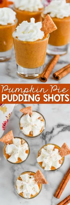 pumpkin pie pudding shots with whipped cream and cinnamon sticks