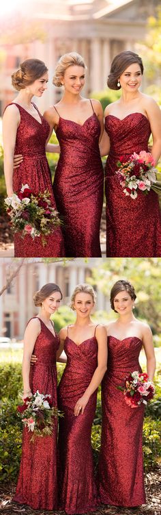 the bridesmaids in red dresses posing for pictures