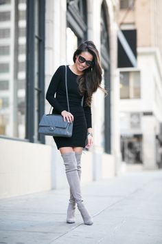 New Classics :: Knit dress & High boots - Wendy's Lookbook Grey Boots Outfit, Grey Thigh High Boots, Intermix Dress, Fitted Knit Dress, Wendy's Lookbook, Gray Boots, Boating Outfit