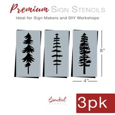 three pine tree stencils are shown with the words,'3pk '