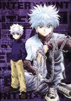 two anime characters one with white hair and the other with blue eyes, are standing next to each other