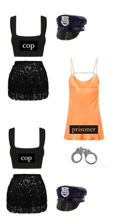 four different types of clothes with handcuffs, hats and sunglasses on top of each other