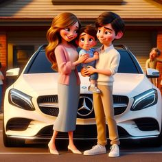 a family standing in front of a car