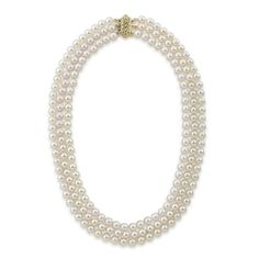 14k Yellow Gold Triple Strand White Saltwater Akoya Cultured Pearl Necklace AAA Quality (6-6.5mm), 17" This elegant triple strand Akoya cultured pearl necklace makes an excellent gift. These cultured pearls have fine AAA quality, with a good luster and smooth surface. Gem Collection cultured pearls have an amazingly smooth surface, exceptional luster and hints of rare orient. Pearlpro grading requirements are so strict that only 1 in 10,000 genuine cultured Akoya pearls makes the cut for this ac Necklaces Collection, Necklaces With Meaning, Necklace For Girlfriend, Cultured Pearl Necklace, Real Pearls, Akoya Pearls, Pearl Types, Timeless Jewelry, Girls Necklaces