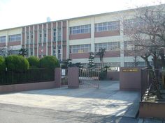 a large building with trees in front of it and a gate on the other side