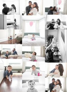 a collage of family photos in black and white, including a baby laying on the bed