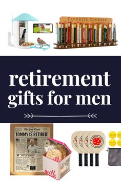 the words retirement gifts for men are in front of books, magazines and other items