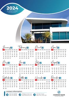 a calendar with a house and palm trees in front of the building, which has been designed