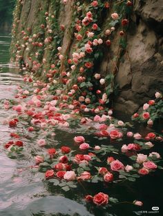 pink flowers growing on the side of a stone wall next to a body of water