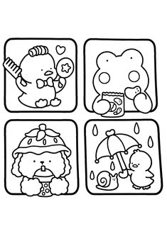 four square pictures with different cartoon characters in black and white, one has an umbrella