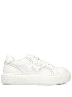 white calf leather debossed monogram pattern round toe front lace-up fastening logo-debossed tongue branded leather insole flat rubber sole White Sole Platform Sneakers With Embossed Logo, White Platform Sneakers With Embossed Logo, White Platform Sneakers With Embossed Logo And Round Toe, White Round Toe Platform Sneakers With Embossed Logo, Luxury High-top Platform Sneakers With Embossed Logo, White Leather Platform Sneakers With Embossed Logo, White Lace-up Platform Sneakers With Embossed Logo, Monogram Pattern, Chanel 2