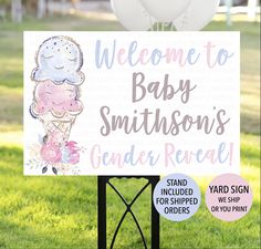 a sign that says welcome to baby smithon's gender reveal with balloons in the background