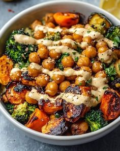 Roasted Vegetable & Chickpea Bowl with Tahini Dressing – Kimberly Raymond Studios Chickpea Bowl, Martha Stewart Recipes, Healthy Bowls, Roasted Vegetable, Veggie Bowl, Tahini Dressing, Broccoli Florets, Mediterranean Diet Recipes, Tempeh