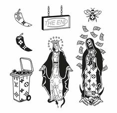 three black and white images of the virgin mary with money coming out of her purse