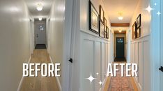 before and after shots of a hallway with white walls, wood floors and black doors