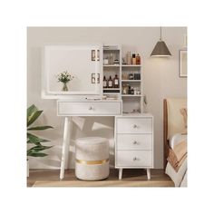 a white desk with two drawers and a mirror