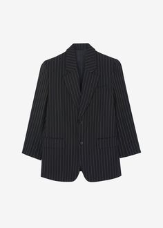 Holland Padded Shoulder Blazer - Black/White Pinstripe – The Frankie Shop Tailored Pinstripe Blazer With Pockets, Classic Striped Suits With Pockets, Tailored Striped Suits With Pockets, Classic Outerwear With Contrast Stripes For Work, Casual Pinstripe Blazer For Work, The Frankie Shop, Suiting Fabric, Frankie Shop, Scoop Neck Tank Top