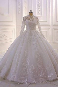 Long High neck Appliques Lace Ball Gown Wedding Dress with Sleeves-BIZTUNNEL Ruffles Wedding Dress, Ruffle Wedding Gown, Gown Ruffles, Long Sleeve Ball Gown Wedding Dress, Wedding Dresses Lace Ballgown, Long Sleeve Ball Gowns, High Neck Wedding Dress, Lace Wedding Dress With Sleeves, Ruffle Wedding Dress