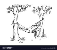 a hammock hanging between two trees in the forest hand drawn sketch on white paper