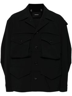 black wool blend classic collar long sleeves front button fastening two chest flap pockets straight hem Button-up Outerwear With Welt Pockets For Streetwear, Classic Utility Jacket With Flap Pockets For Streetwear, Classic Streetwear Utility Jacket With Flap Pockets, Workwear Sport Coat With Multiple Pockets, Long Sleeve Sport Coat With Multiple Pockets For Work, Button-up Streetwear Outerwear With Welt Pockets, Black Lapel Collar Utility Jacket For Winter, Black Utility Jacket With Lapel Collar For Winter, Black Winter Utility Jacket With Lapel Collar