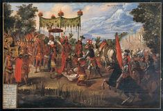 an image of a painting with people dressed in red and other things on the ground