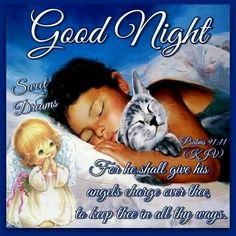 a child is sleeping with a cat on his chest and the words good night written in white