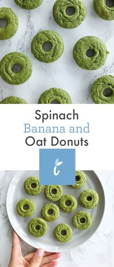 spinach, banana and oat donuts on a plate with the title overlay