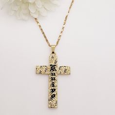 High Quality Gold Plated Hawaiian Kuuipo Scroll Cross Necklace. This Gold Plated Necklace Measures 21 Inches With A 3 Inch Extender Attached For Your Adjustment. You Can Easily Adjust The Necklace To Your Fitting Up To 24 Inches In Length. The Gold Chains Are Solid And Sturdy And Very Durable. They Are Gold Plated And Not Gold Filled Or Solid Gold. Personalized Black Jewelry For Party, Black Personalized Pendant Necklaces, Personalized Black Pendant Necklaces, Black Engraved Cross Pendant Necklace, Elegant Black Personalized Necklace, Personalized Black Cross Pendant Necklace, Black Cross Pendant Necklace For Formal Occasions, Black Cross Pendant Necklaces For Party, Black Cross Pendant Necklace For Party